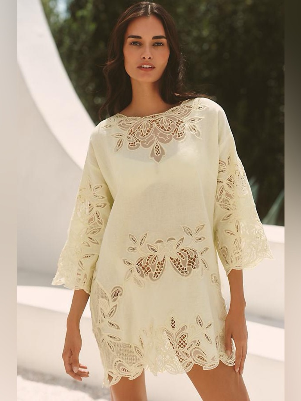 Anthropologie Celandine Chartreuse Lace Open Back Mini Dress Coverup Medium